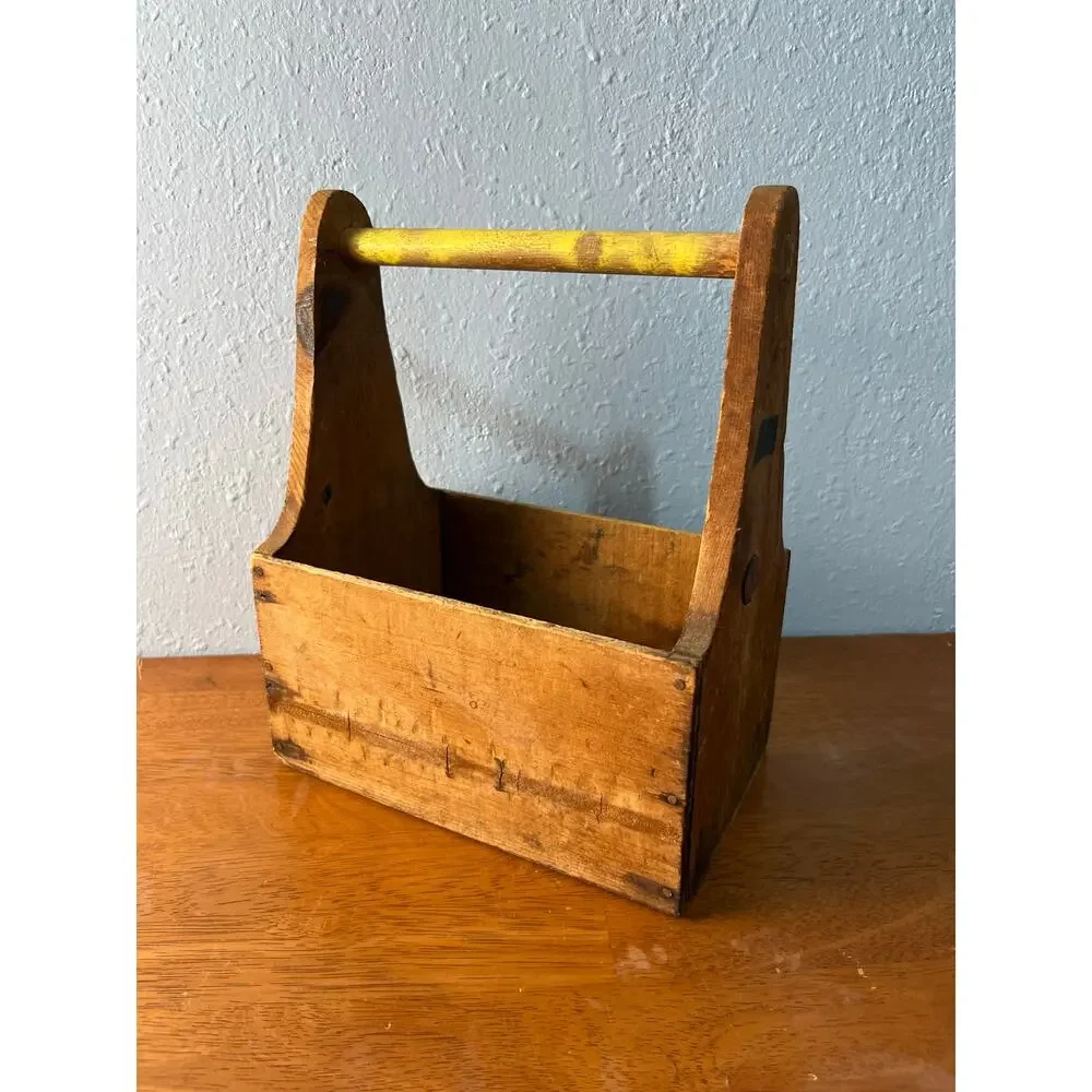 Vintage Wooden Tool Caddy Primitive Farmhouse Tote Box Rustic Carrier